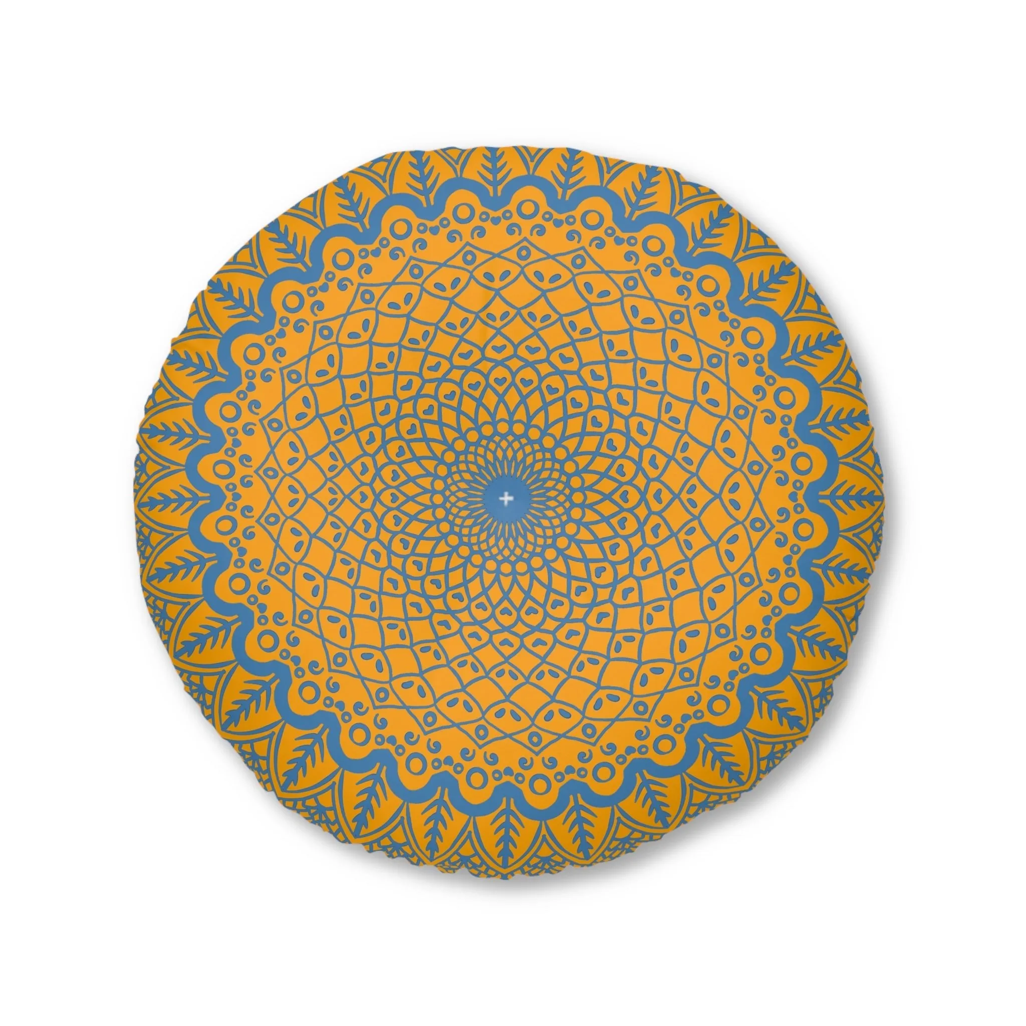 Handmade Mandala Art Tufted Floor Cushion - Steel Blue on Orange Background