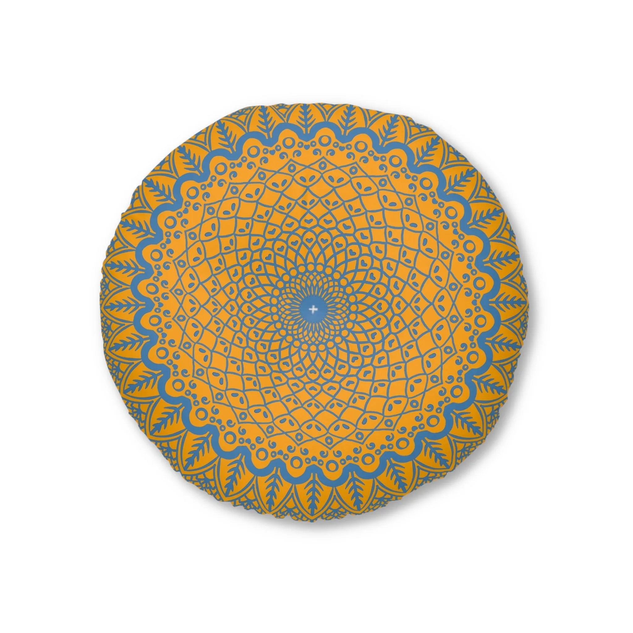 Handmade Mandala Art Tufted Floor Cushion - Steel Blue on Orange Background