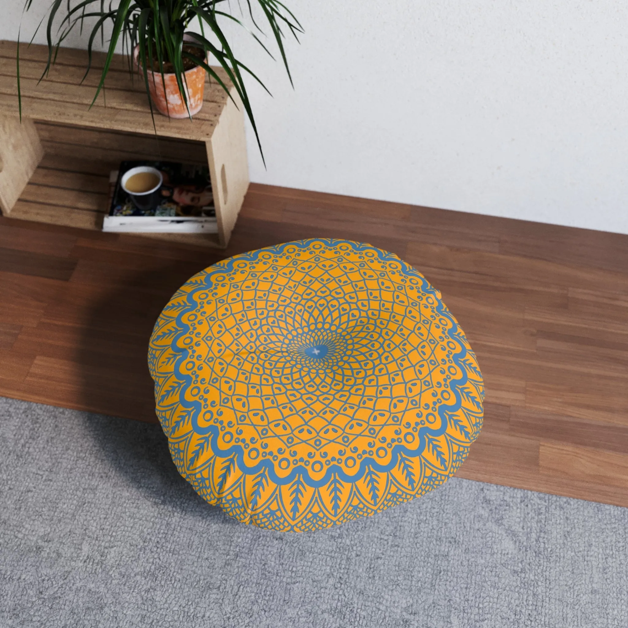 Handmade Mandala Art Tufted Floor Cushion - Steel Blue on Orange Background