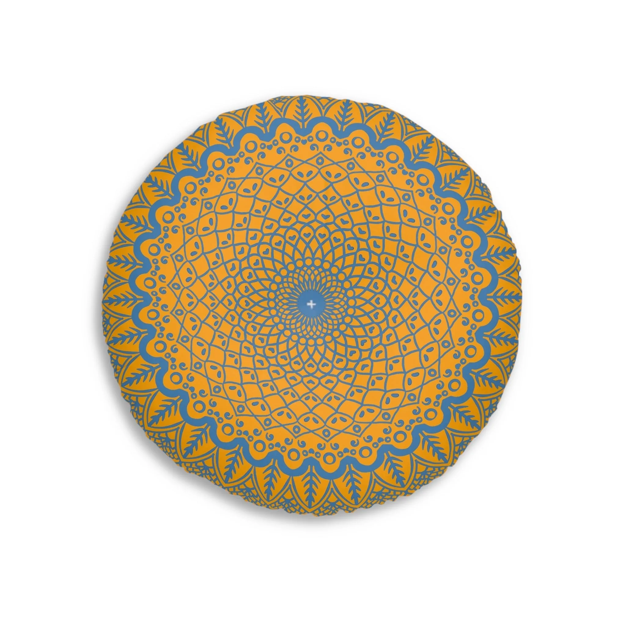 Handmade Mandala Art Tufted Floor Cushion - Steel Blue on Orange Background