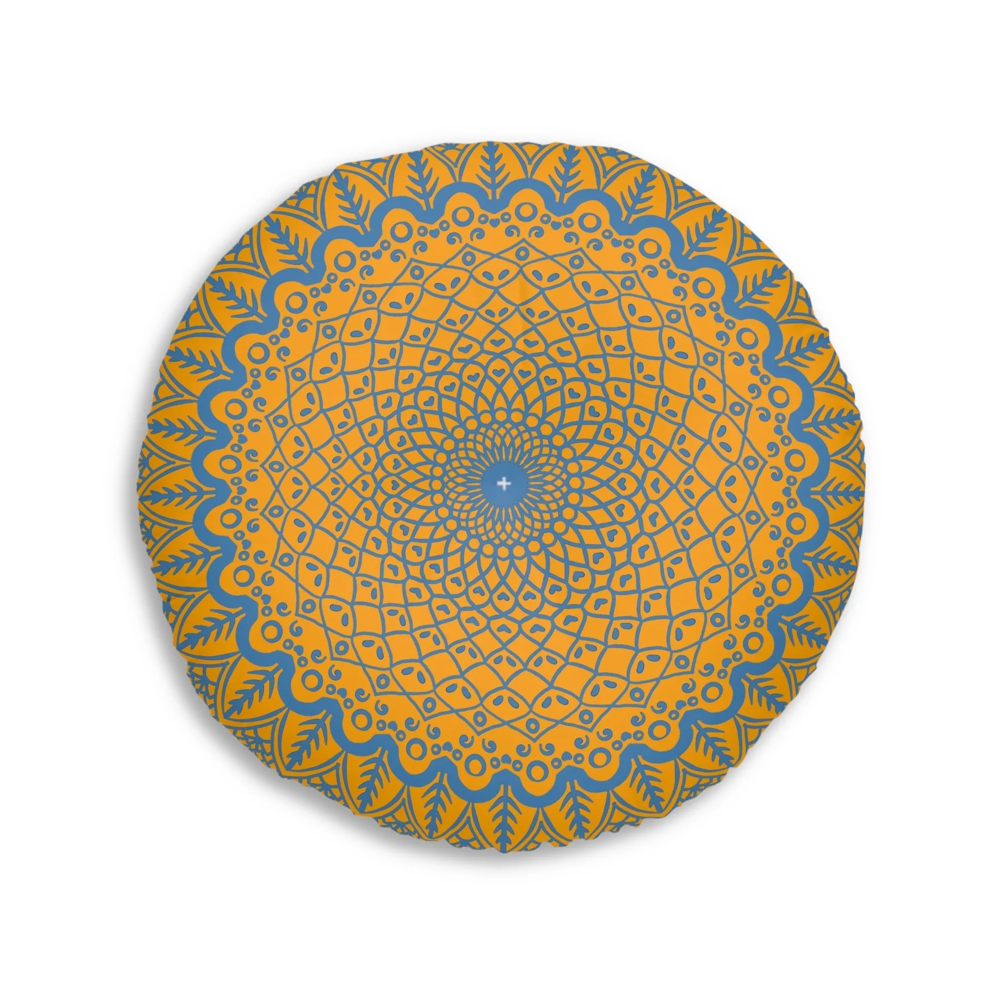 Handmade Mandala Art Tufted Floor Cushion - Steel Blue on Orange Background