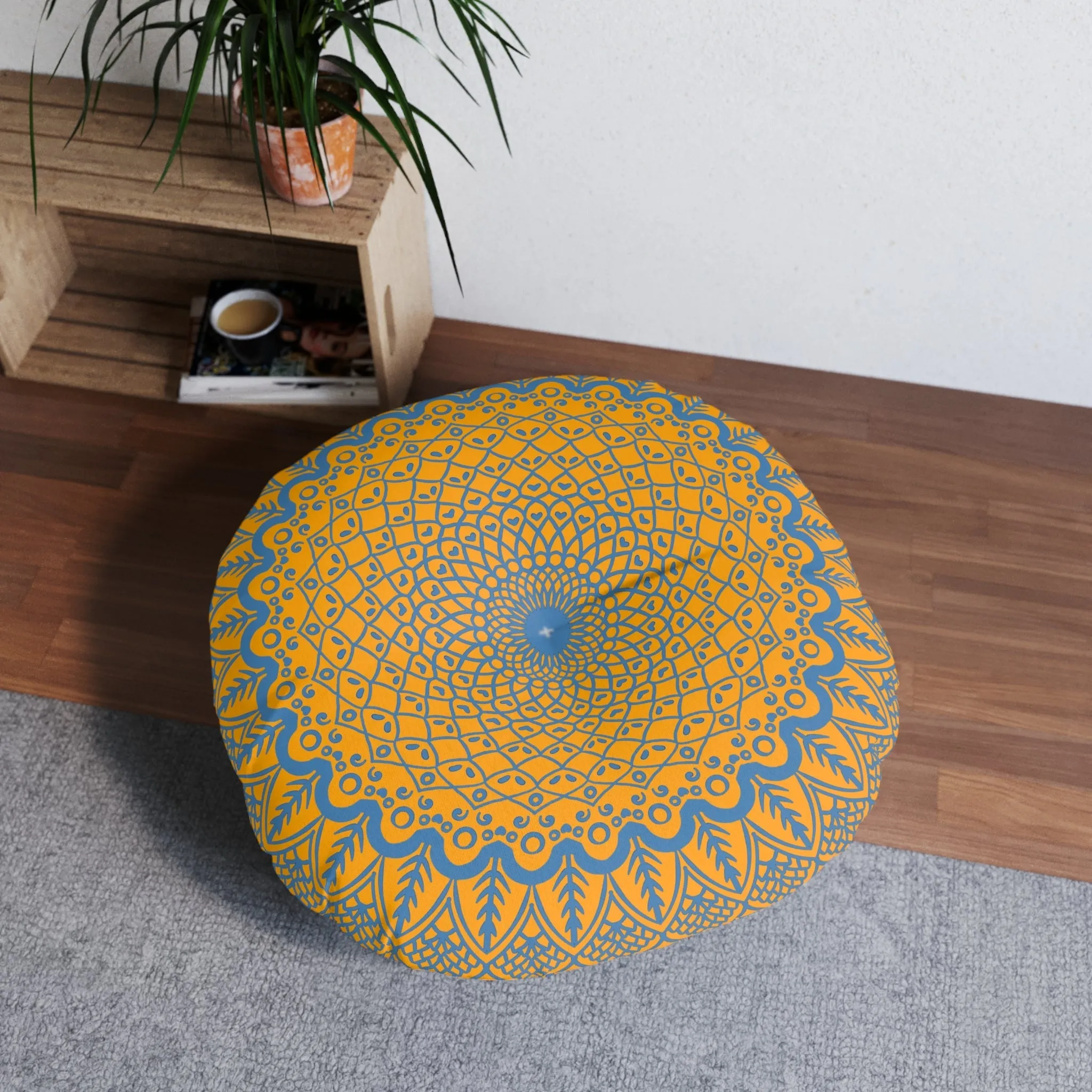 Handmade Mandala Art Tufted Floor Cushion - Steel Blue on Orange Background