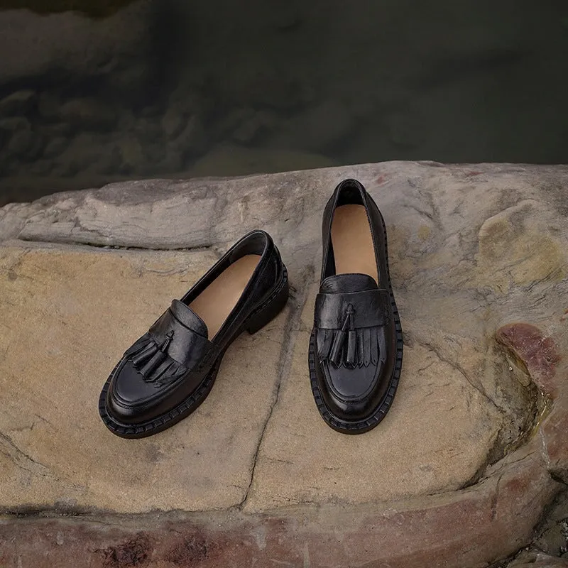 Horse Leather Loafers with Tassels Handmade Shoes in Black/Brown