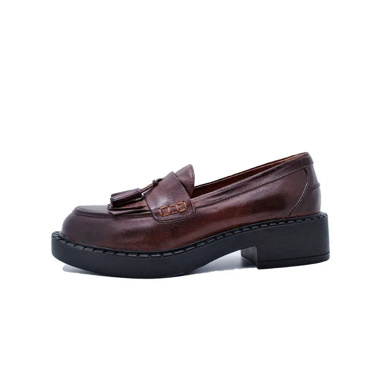 Horse Leather Loafers with Tassels Handmade Shoes in Black/Brown