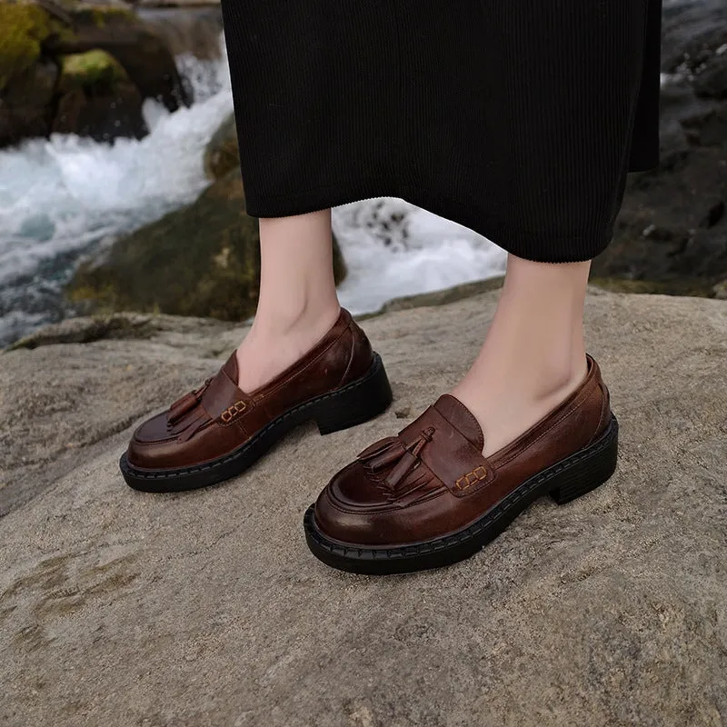 Horse Leather Loafers with Tassels Handmade Shoes in Black/Brown