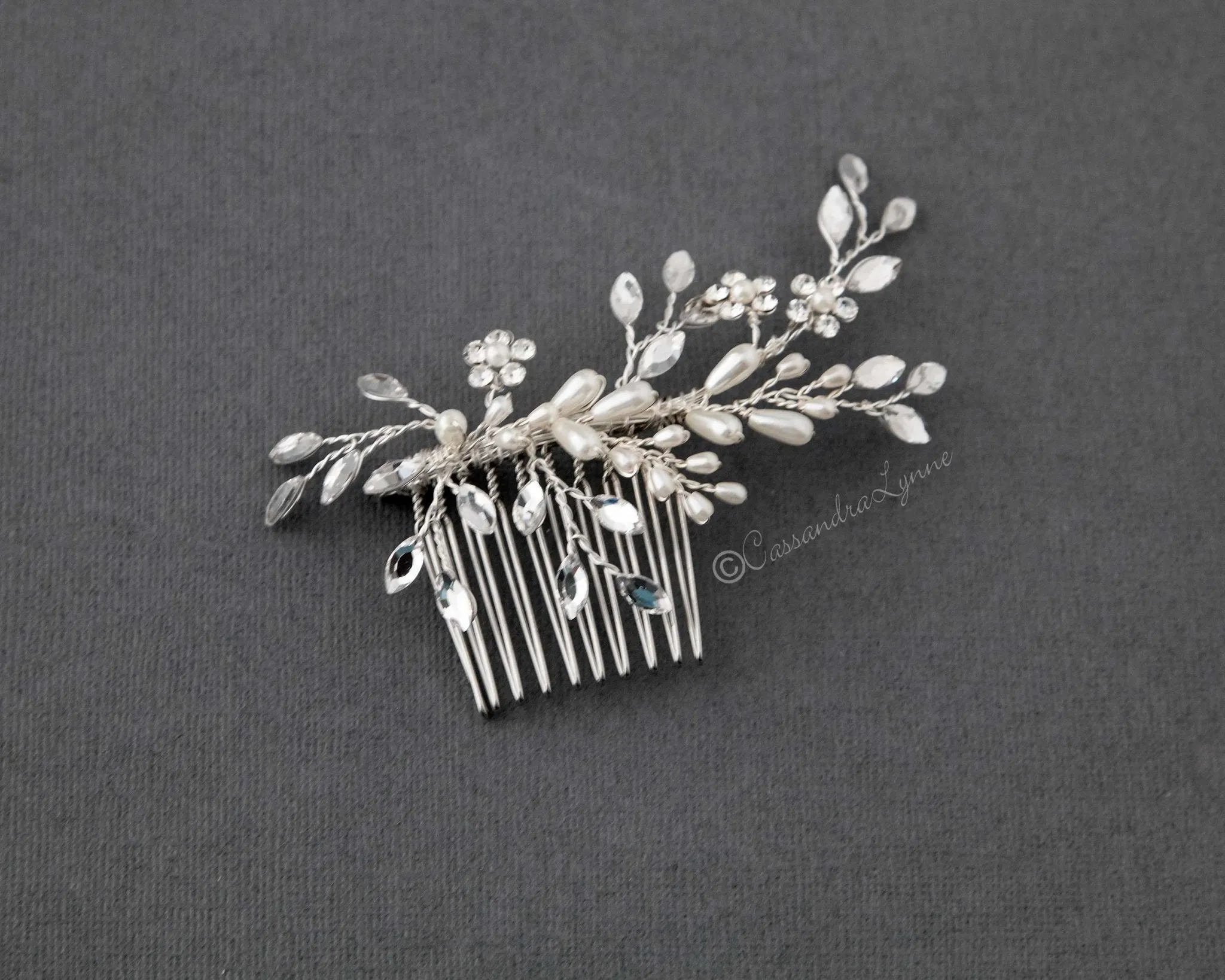 Ivory Pearl Wedding Hair Comb with Marquise Rhinestone