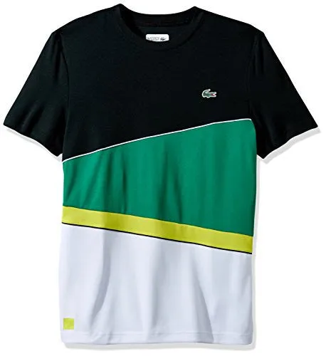 LACOSTE MEN'S T2 GEOMETRIC STRIPE ULTRADRY T, BLACK/WOODLAND GREEN/LEMON TREE/WHITE, 4