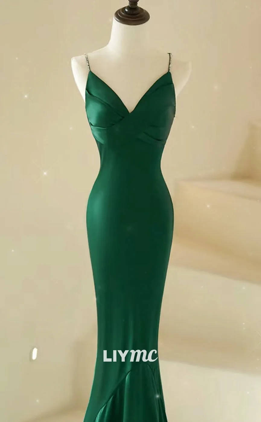 LP1898 - Mermaid V Neck Satin Green Long Prom Dress, Green Satin Long Formal Dress