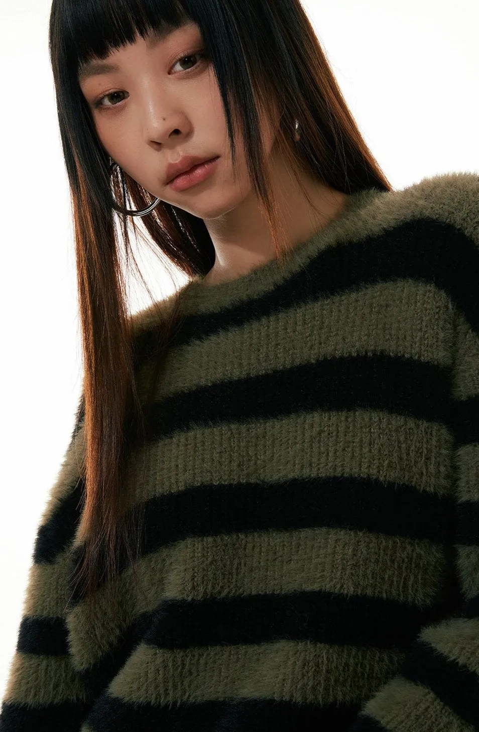 Olive Striped Crew Neck Fuzzy Sweater