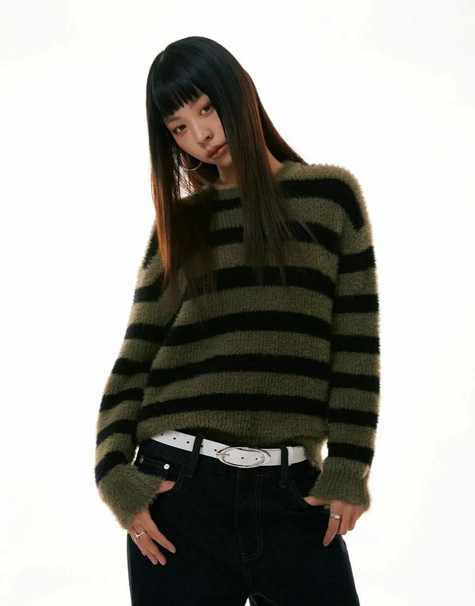 Olive Striped Crew Neck Fuzzy Sweater