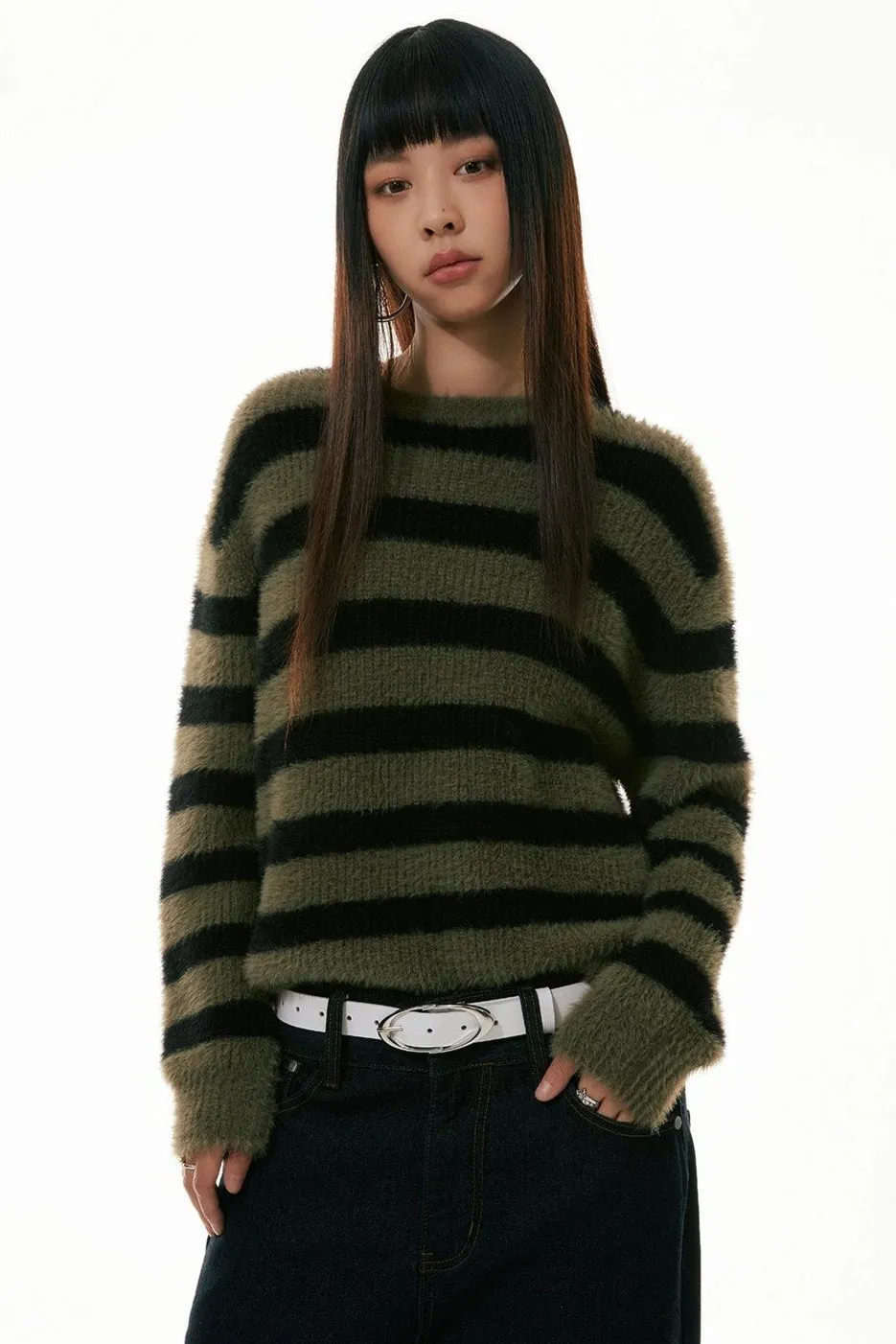 Olive Striped Crew Neck Fuzzy Sweater