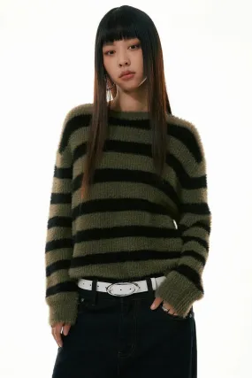 Olive Striped Crew Neck Fuzzy Sweater