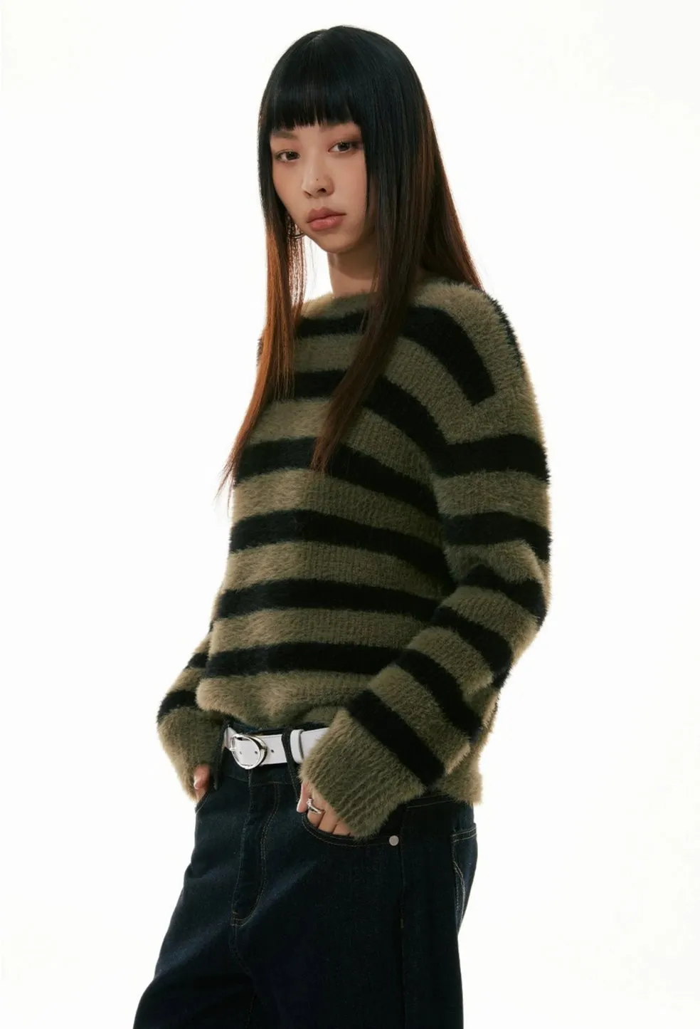 Olive Striped Crew Neck Fuzzy Sweater