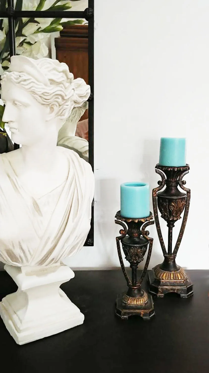 PAIR OF ORNATE GRECIAN LOOK HEAVY CANDLE HOLDER