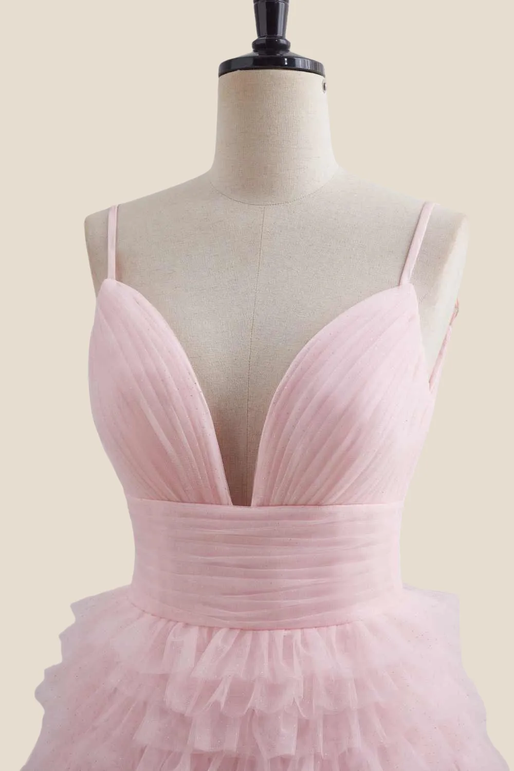 Plunge Neck Pink Tiered A-line Short Dress