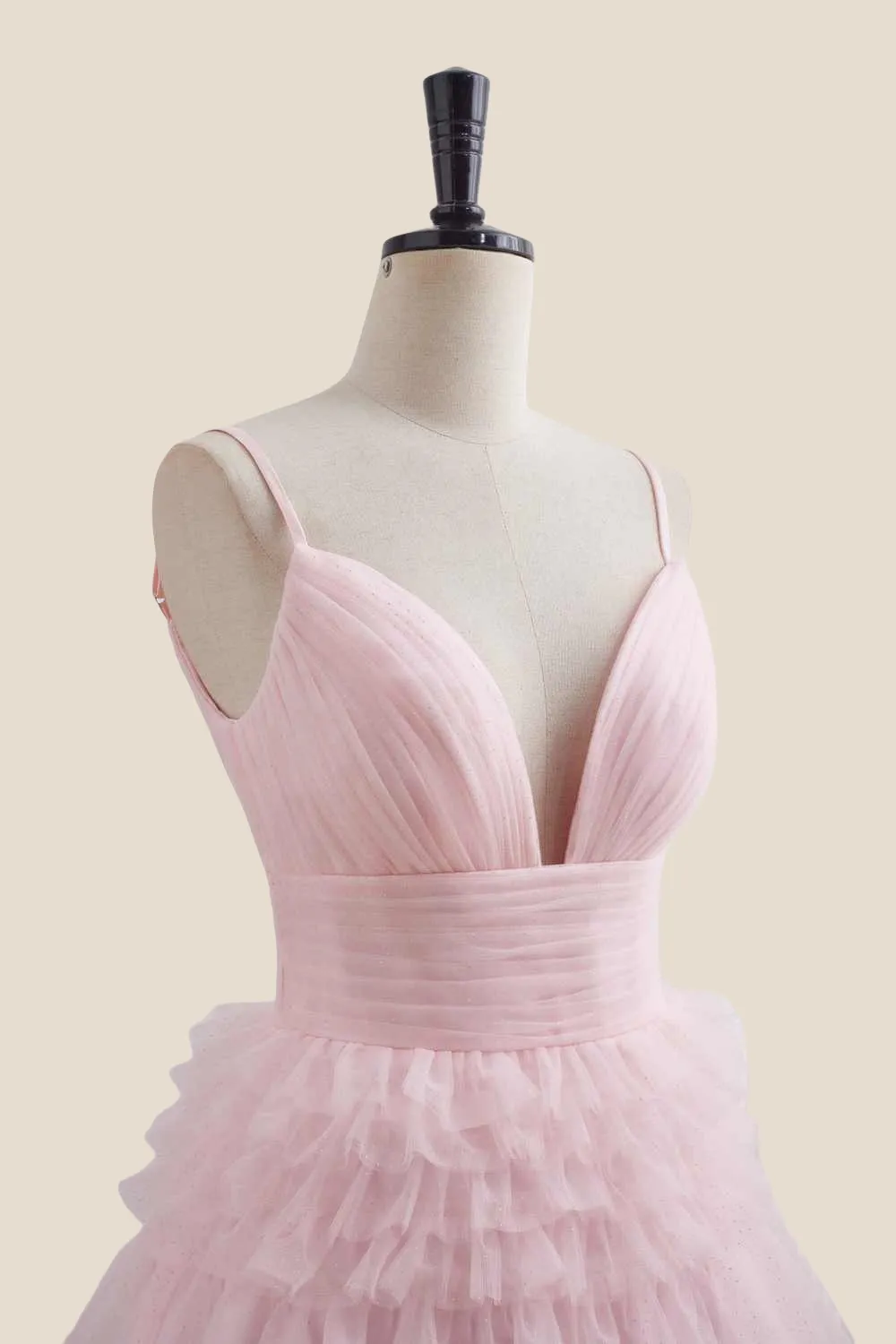 Plunge Neck Pink Tiered A-line Short Dress