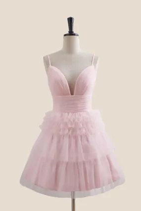 Plunge Neck Pink Tiered A-line Short Dress