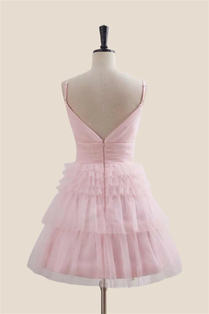 Plunge Neck Pink Tiered A-line Short Dress