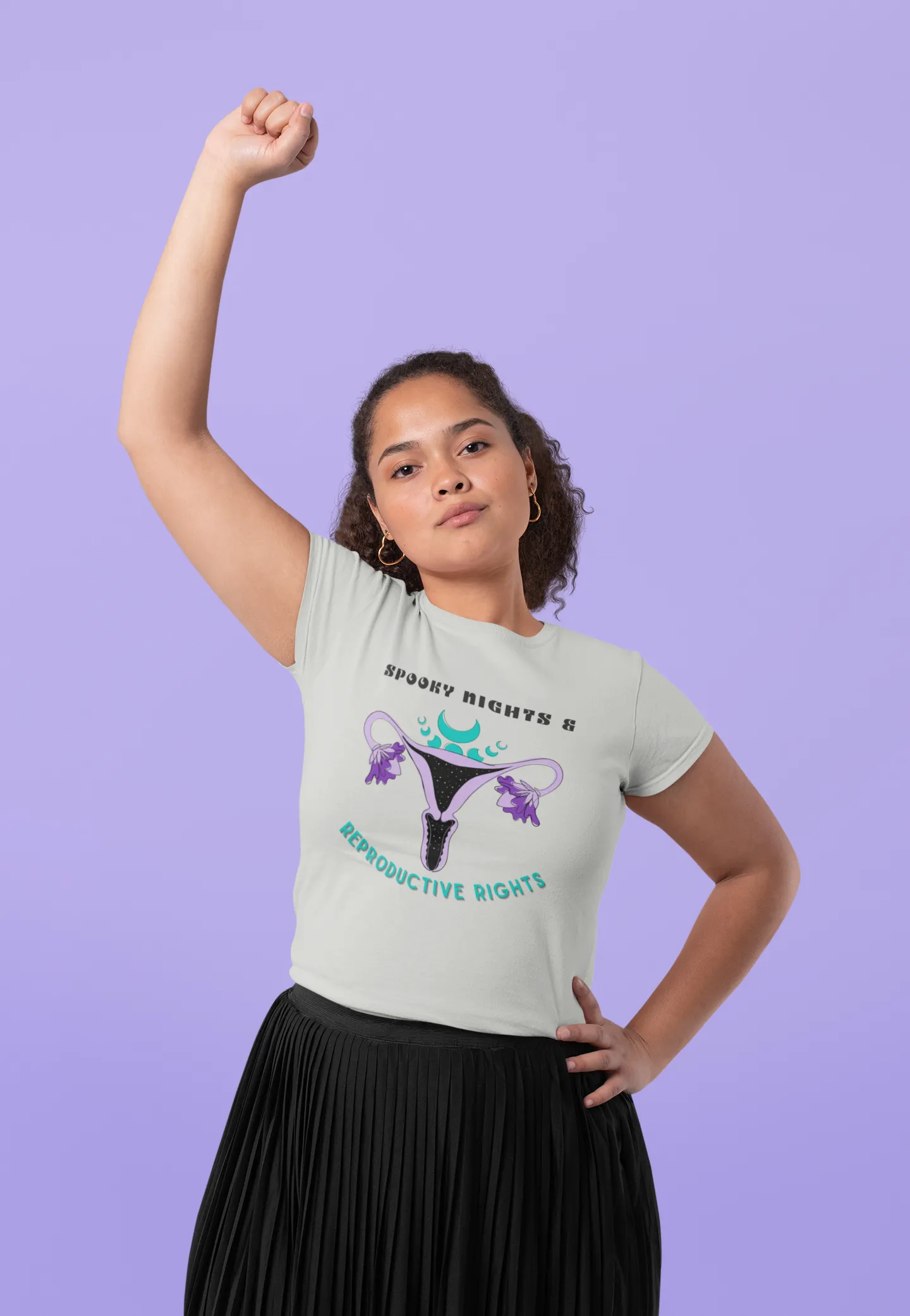 "Spooky Nights & Reproductive Rights" Purple Uterus And Teal Moon Phases Tee - Unisex Shirt