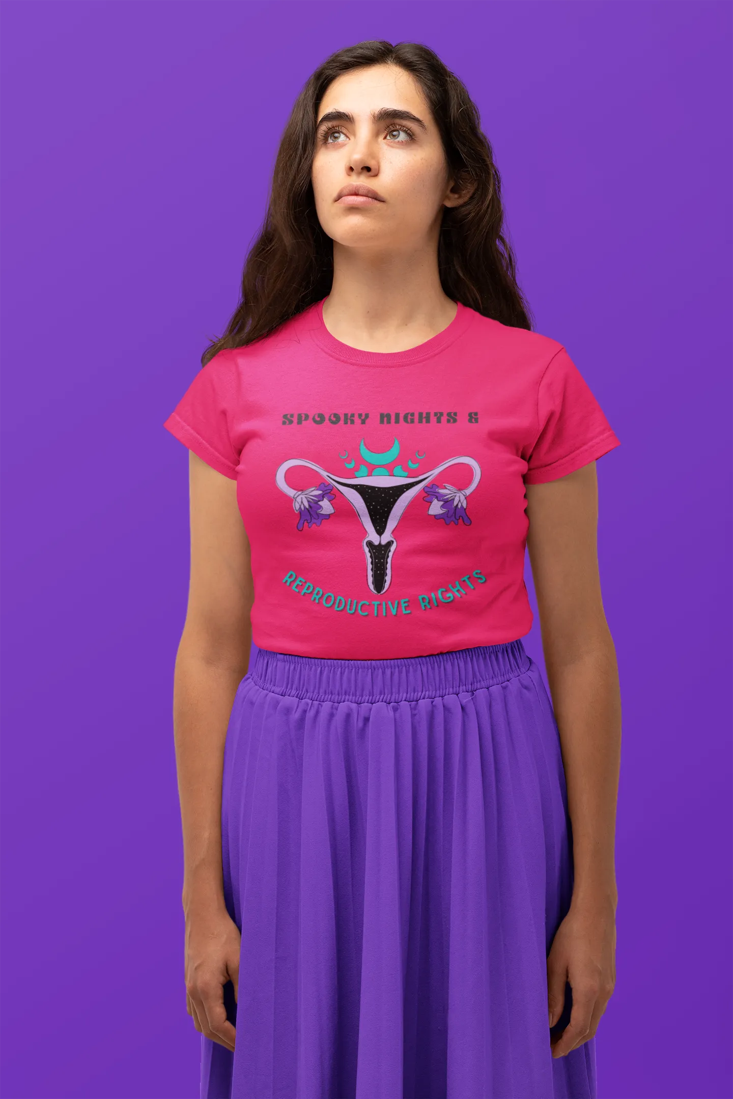 "Spooky Nights & Reproductive Rights" Purple Uterus And Teal Moon Phases Tee - Unisex Shirt