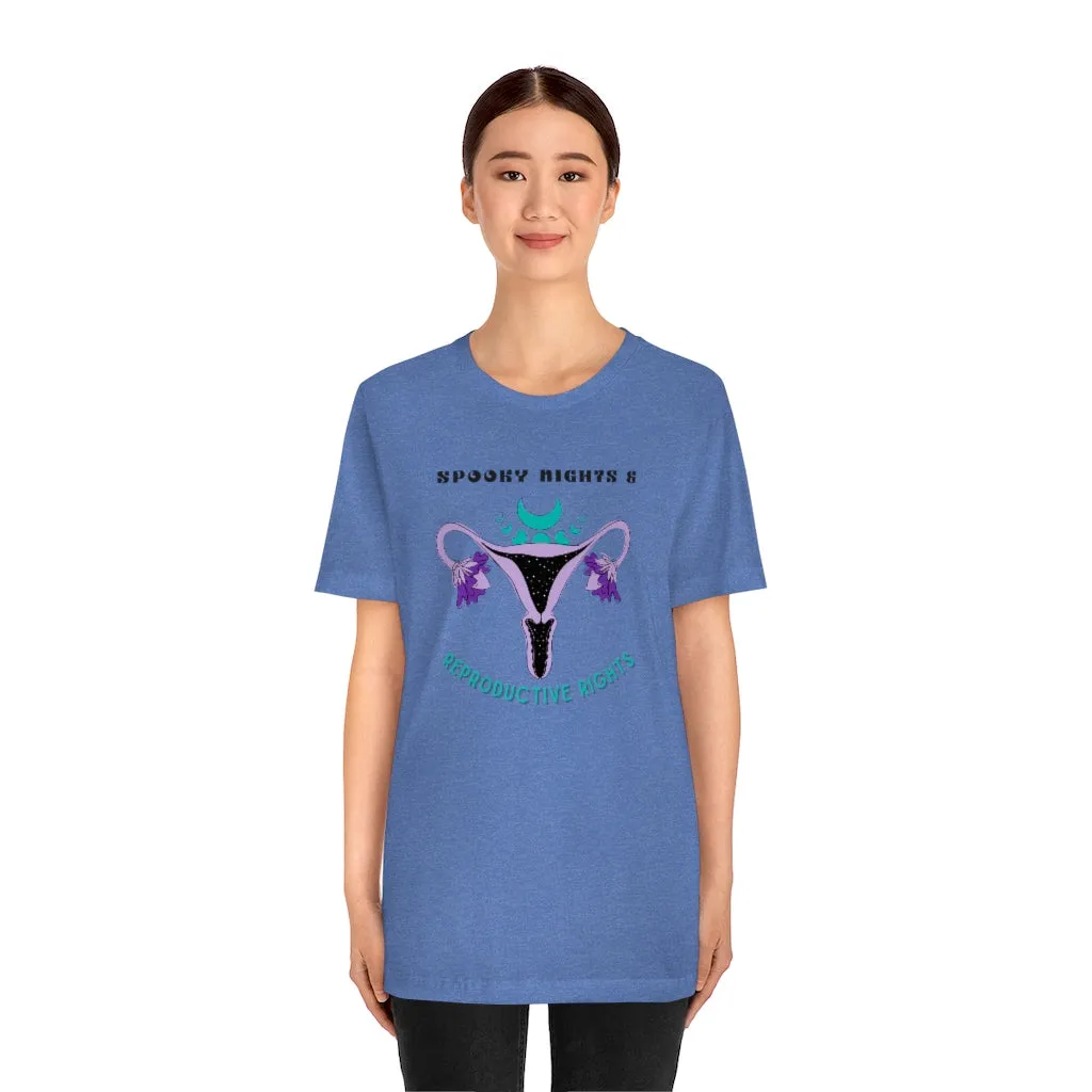 "Spooky Nights & Reproductive Rights" Purple Uterus And Teal Moon Phases Tee - Unisex Shirt