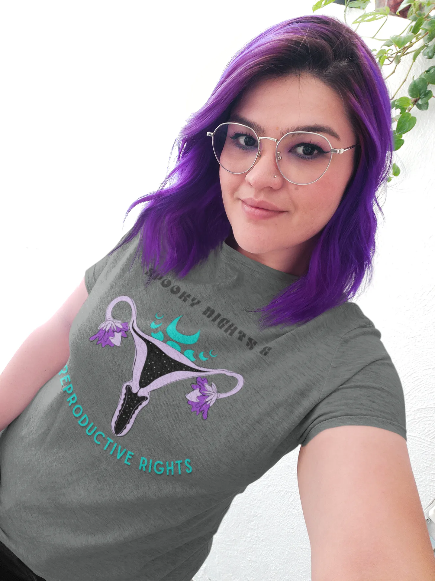 "Spooky Nights & Reproductive Rights" Purple Uterus And Teal Moon Phases Tee - Unisex Shirt