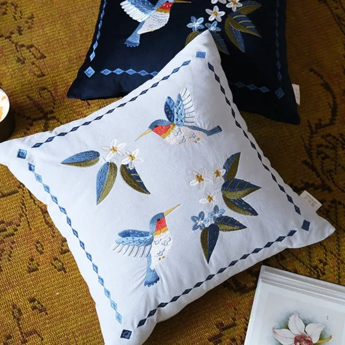 Retro Embroidered Hummingbird Decorative Cushion