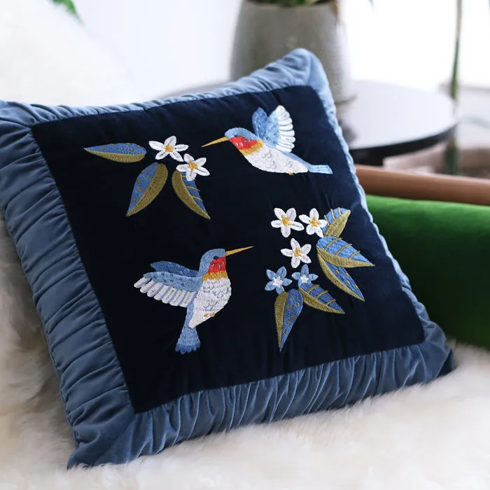 Retro Embroidered Hummingbird Decorative Cushion