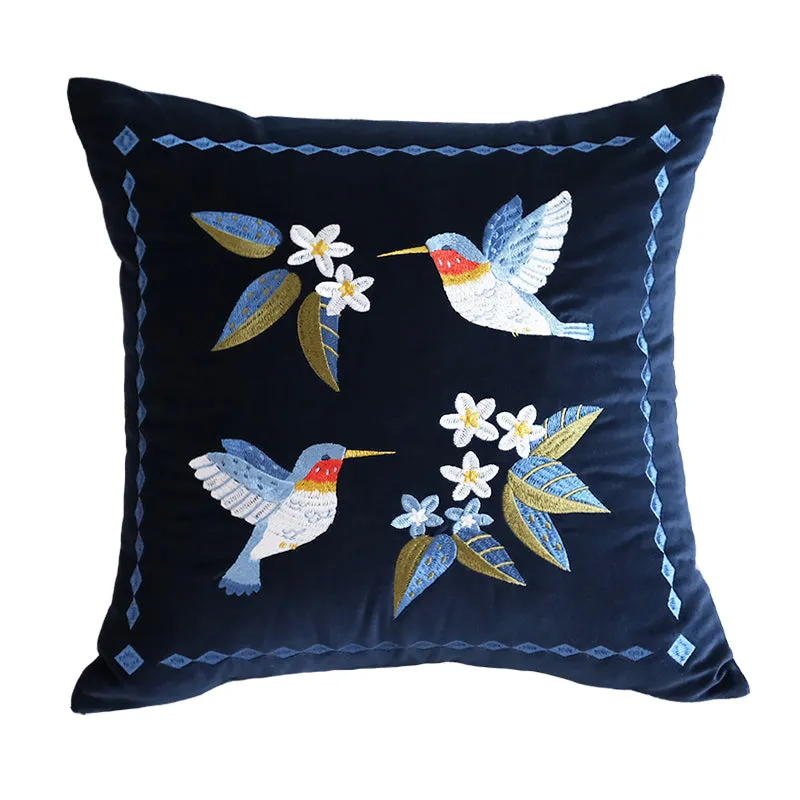 Retro Embroidered Hummingbird Decorative Cushion