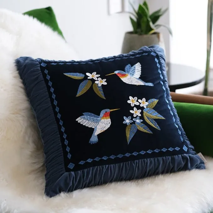 Retro Embroidered Hummingbird Decorative Cushion