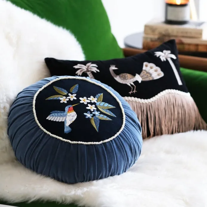 Retro Embroidered Hummingbird Decorative Cushion