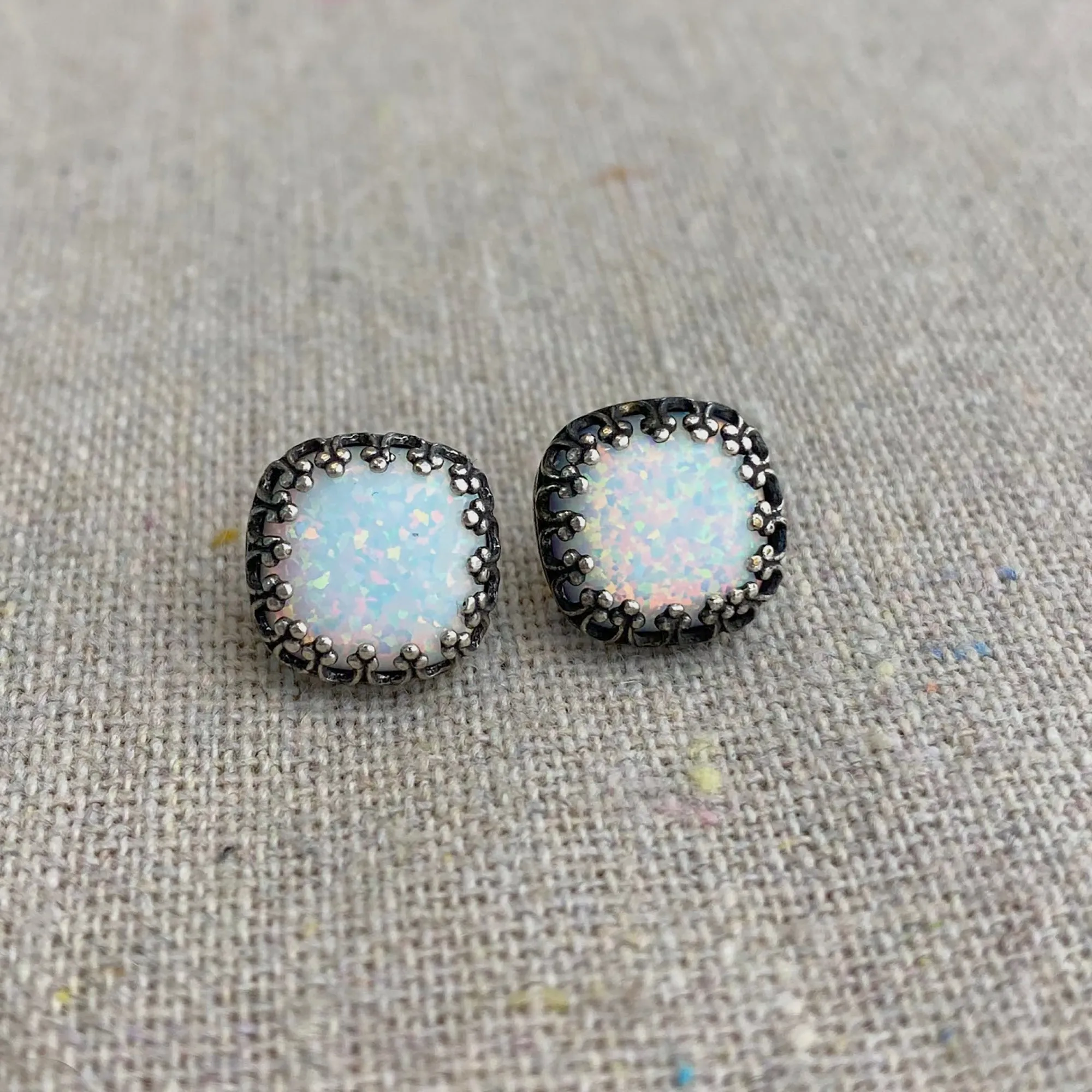 Snow Opal Crown Post Earrings • 10mm