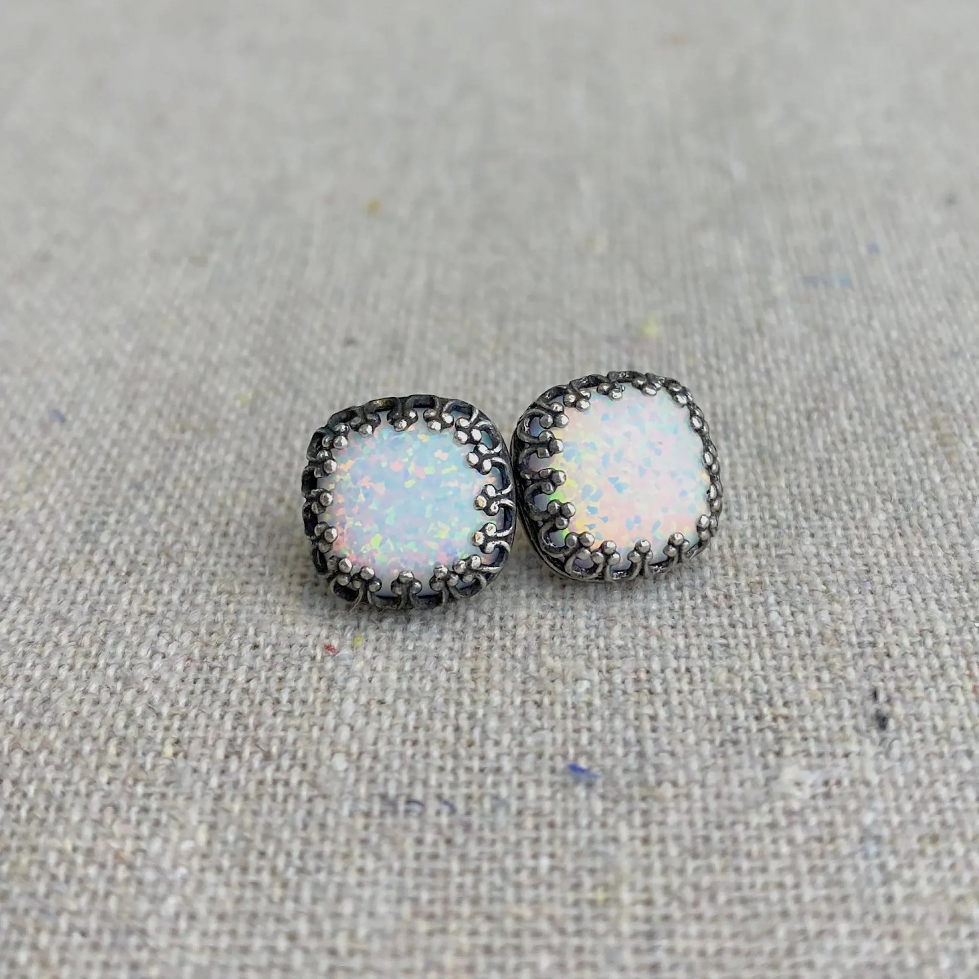 Snow Opal Crown Post Earrings • 10mm