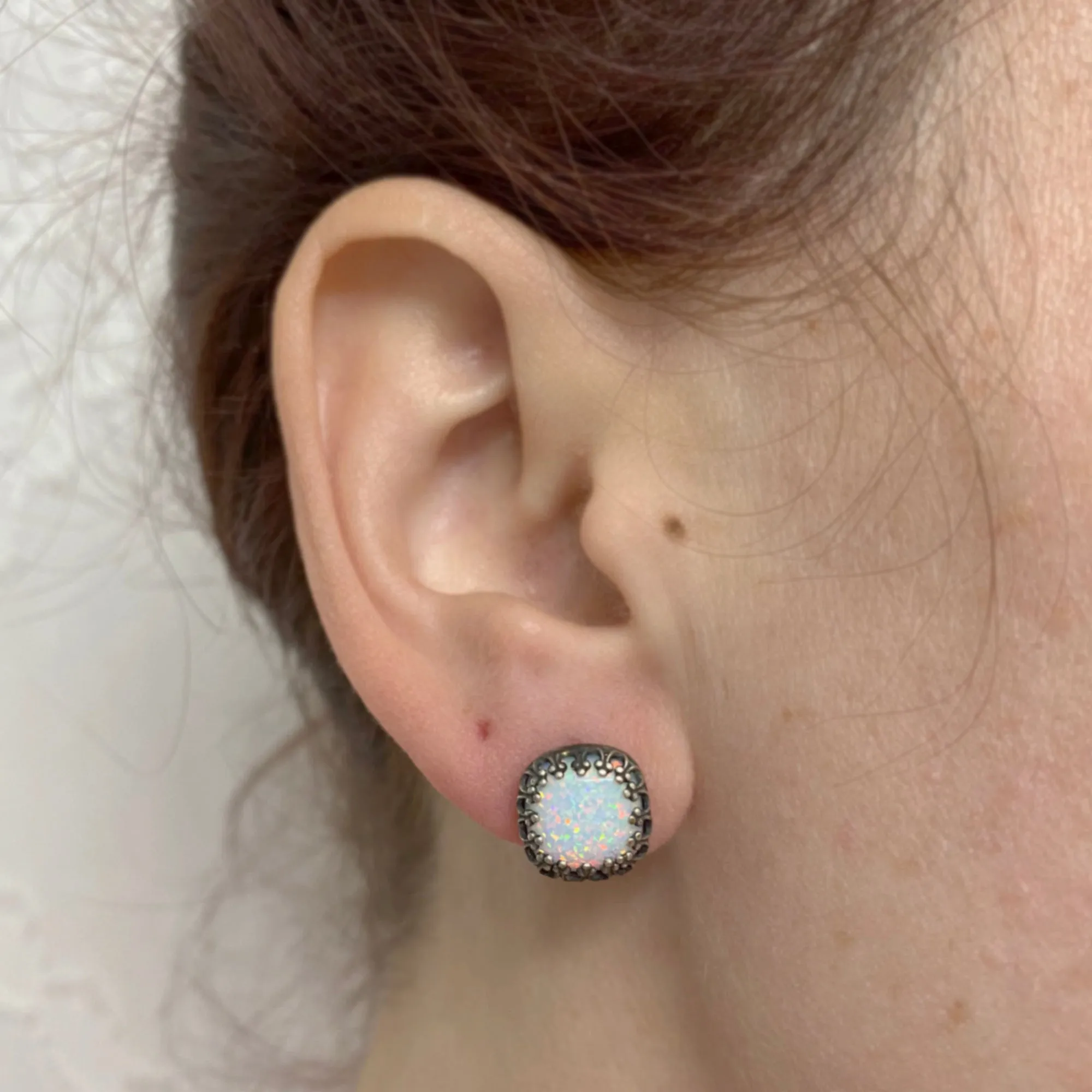 Snow Opal Crown Post Earrings • 10mm