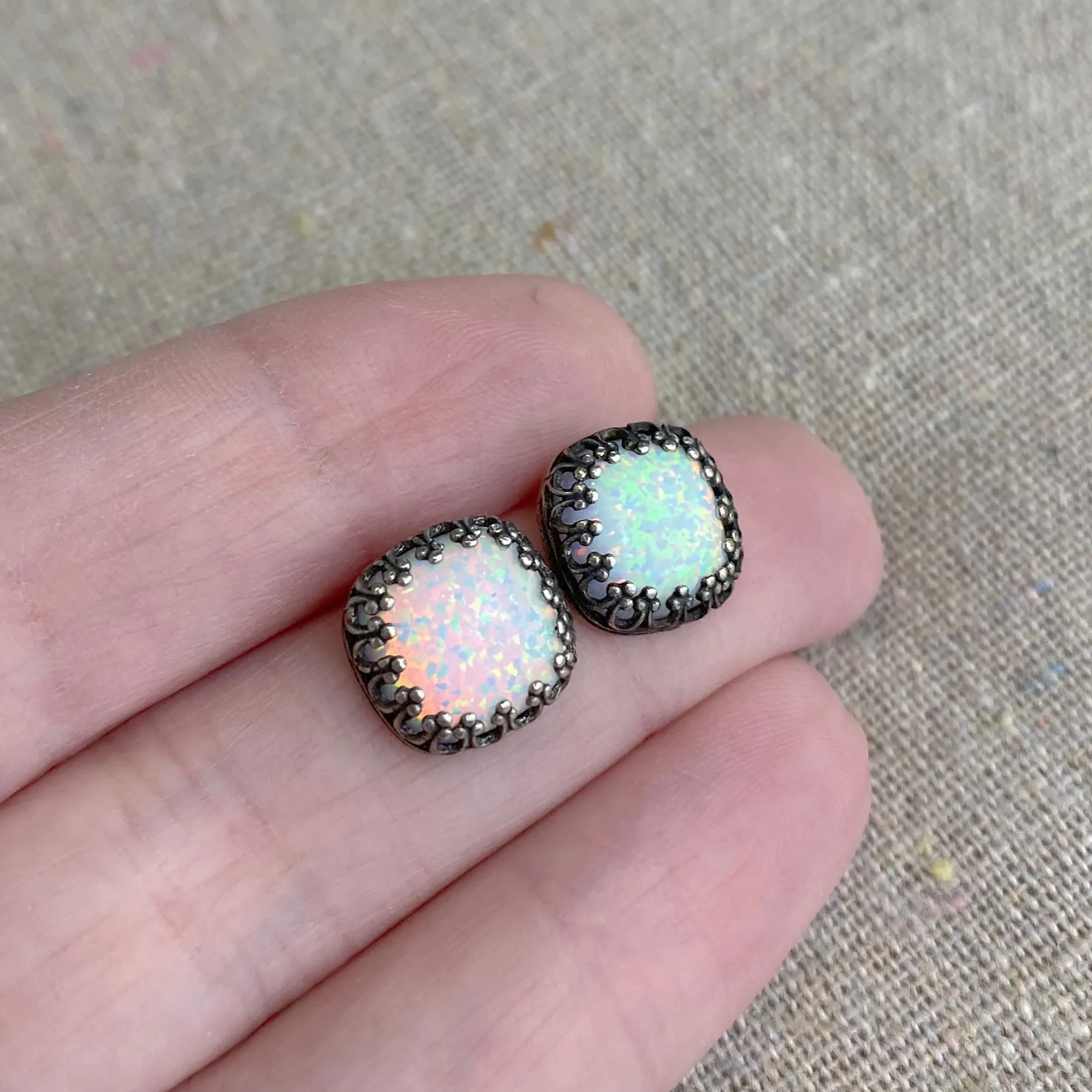 Snow Opal Crown Post Earrings • 10mm