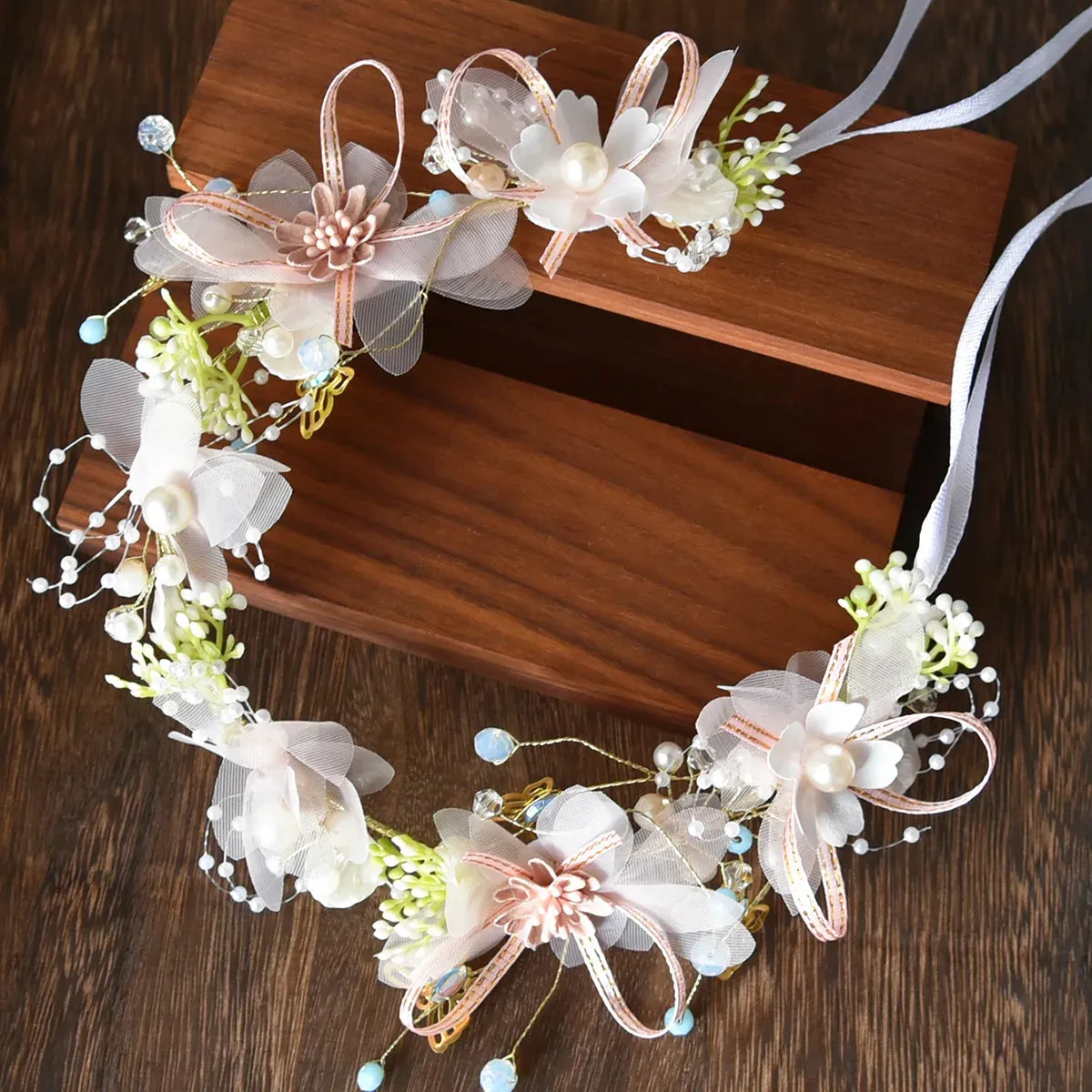 Spring Bohemian Girls Bridal Pearl Hair Headdress Flower Wreath Bride Garland Head Hoop Headbands Hair Jewelry Children Gifts