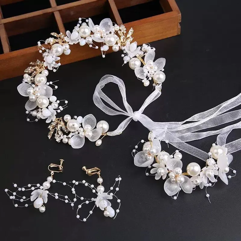 Spring Bohemian Girls Bridal Pearl Hair Headdress Flower Wreath Bride Garland Head Hoop Headbands Hair Jewelry Children Gifts