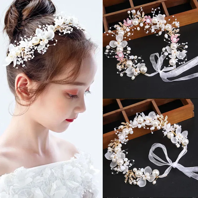 Spring Bohemian Girls Bridal Pearl Hair Headdress Flower Wreath Bride Garland Head Hoop Headbands Hair Jewelry Children Gifts