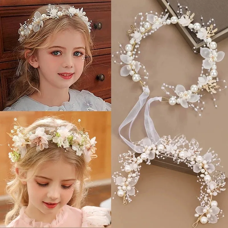 Spring Bohemian Girls Bridal Pearl Hair Headdress Flower Wreath Bride Garland Head Hoop Headbands Hair Jewelry Children Gifts