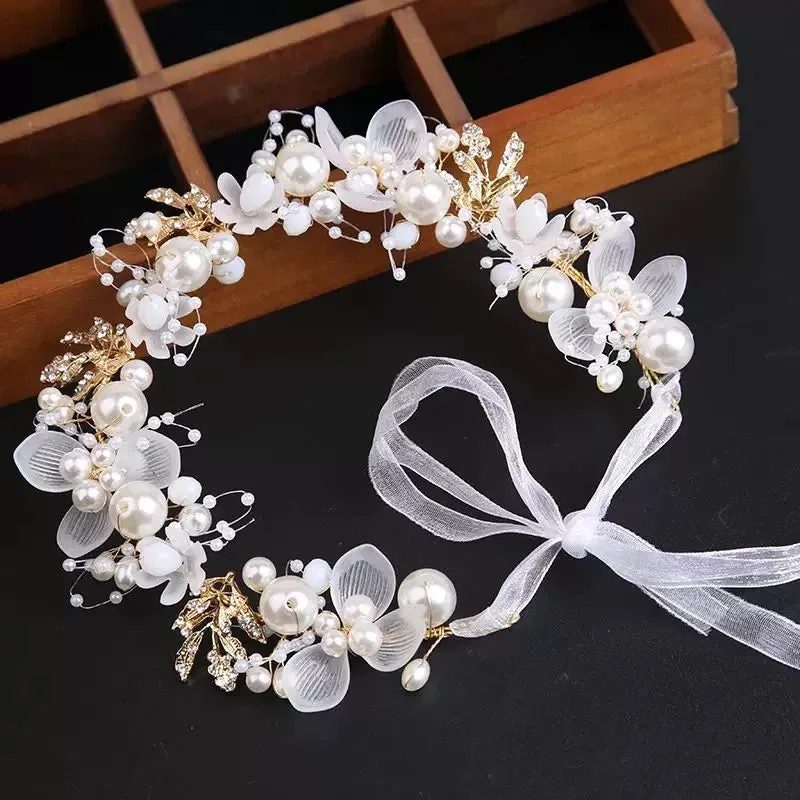 Spring Bohemian Girls Bridal Pearl Hair Headdress Flower Wreath Bride Garland Head Hoop Headbands Hair Jewelry Children Gifts