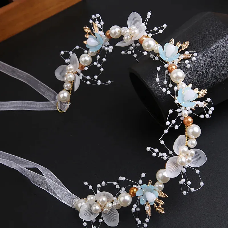 Spring Bohemian Girls Bridal Pearl Hair Headdress Flower Wreath Bride Garland Head Hoop Headbands Hair Jewelry Children Gifts