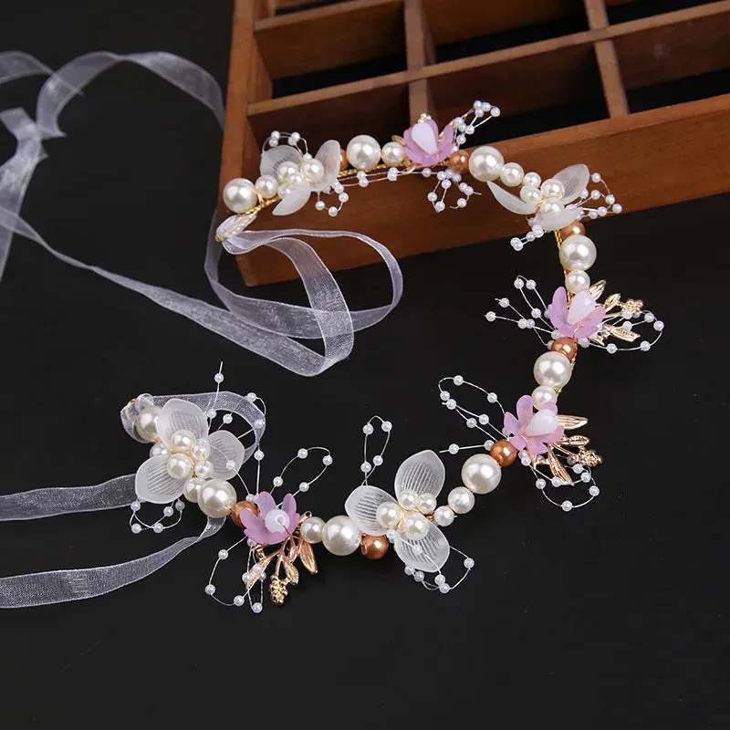 Spring Bohemian Girls Bridal Pearl Hair Headdress Flower Wreath Bride Garland Head Hoop Headbands Hair Jewelry Children Gifts