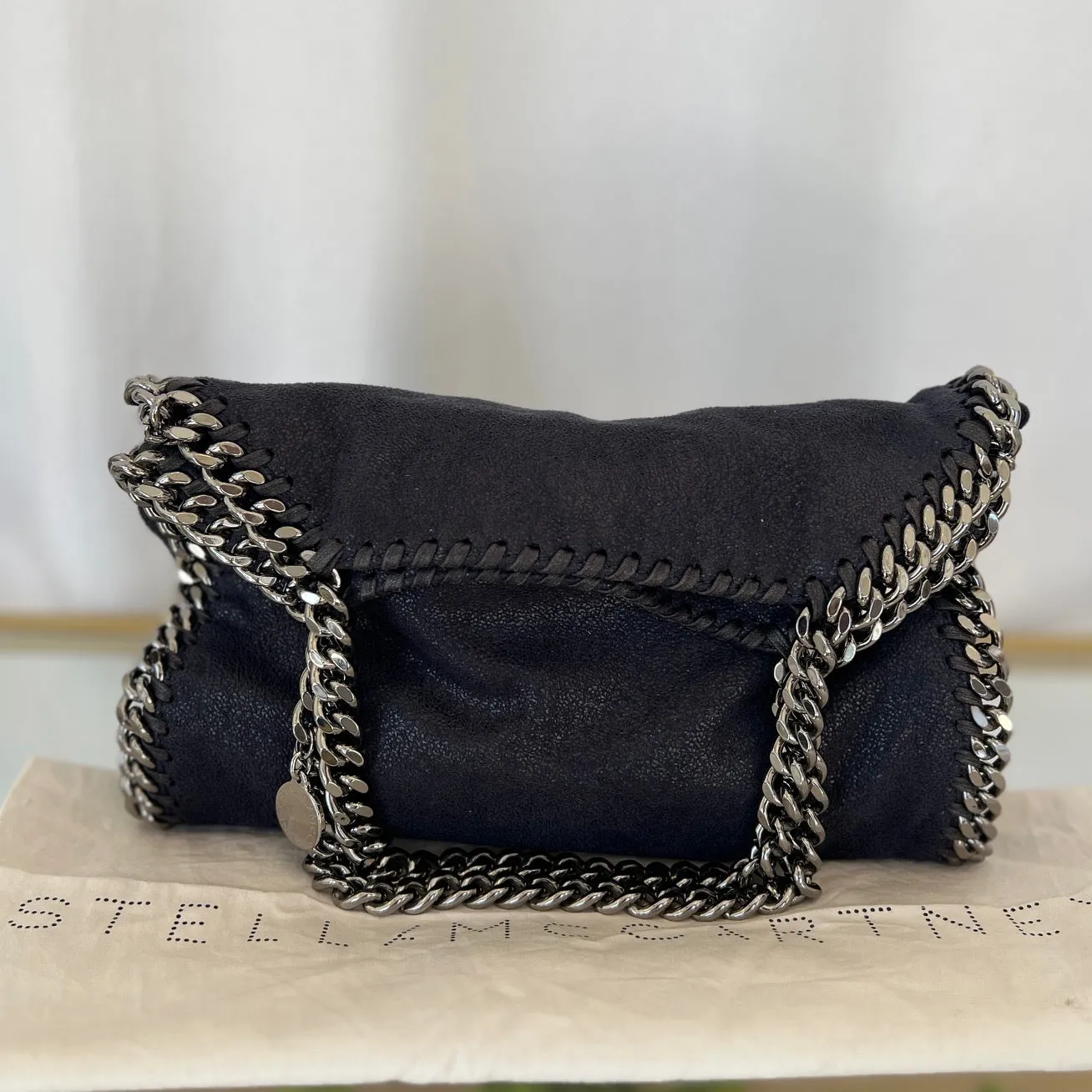 STELLA MCCARTNEY Dark Blue Mini Falabella Metallic Chain Tote Bag