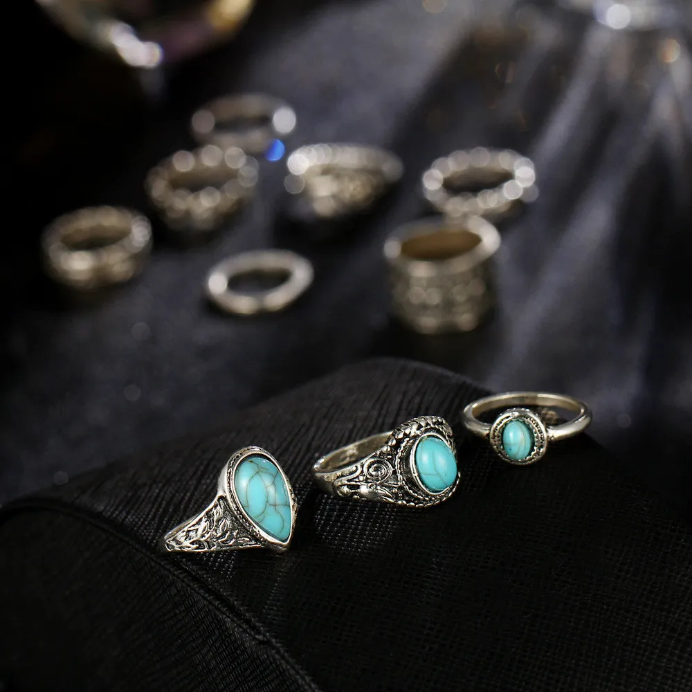 TIBETAN VINTAGE INSPIRED 10 PCS RING SET - SILVER