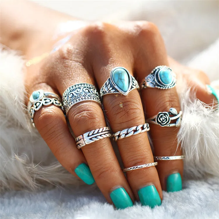 TIBETAN VINTAGE INSPIRED 10 PCS RING SET - SILVER