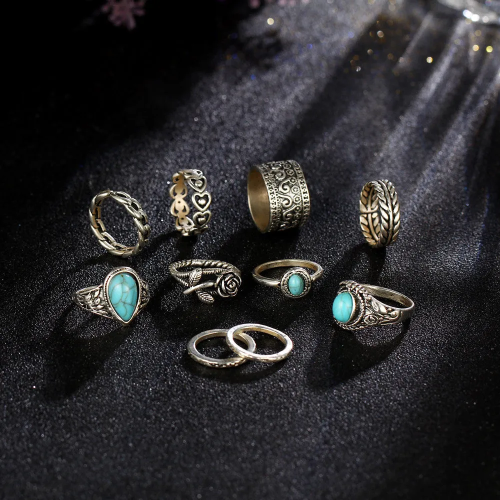 TIBETAN VINTAGE INSPIRED 10 PCS RING SET - SILVER