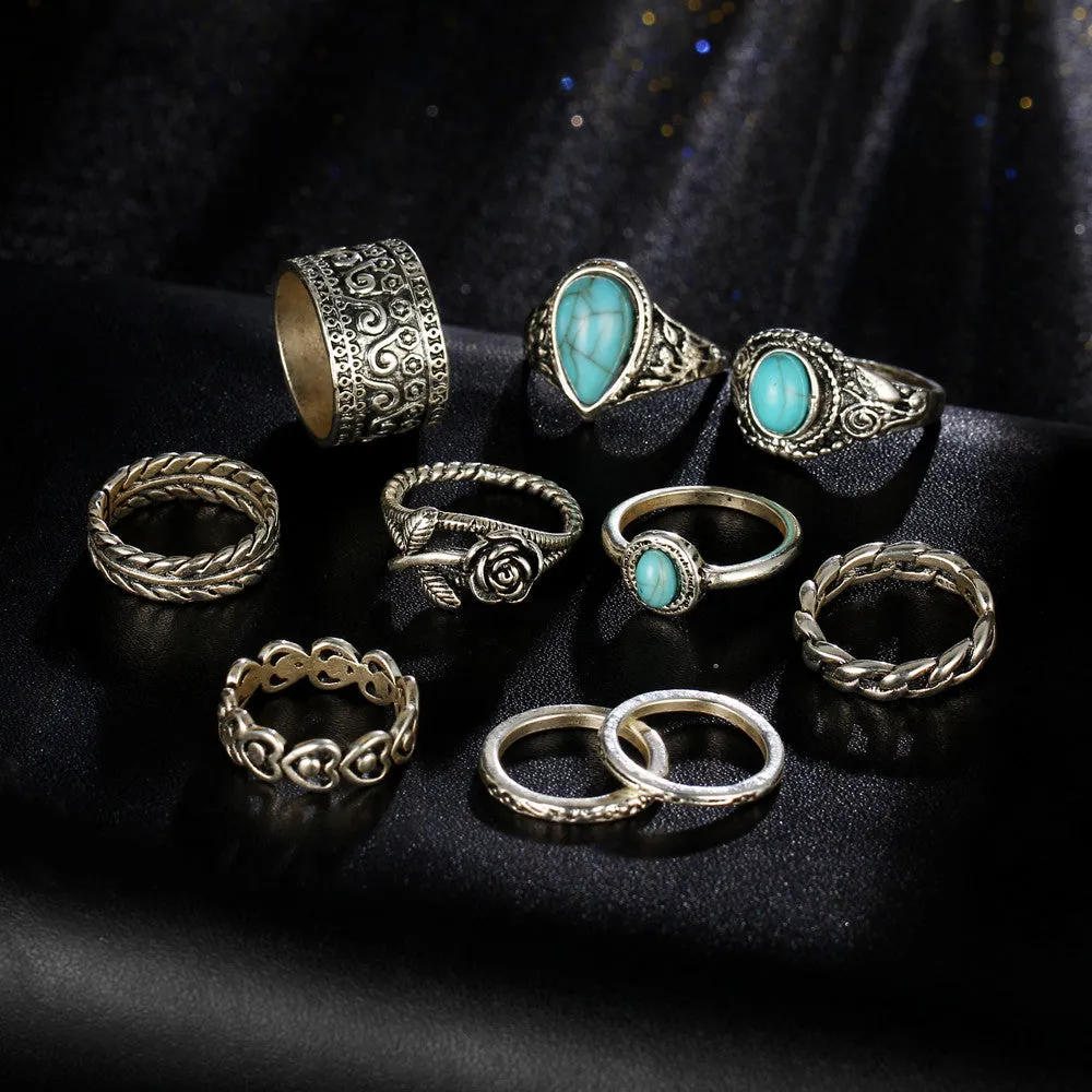 TIBETAN VINTAGE INSPIRED 10 PCS RING SET - SILVER