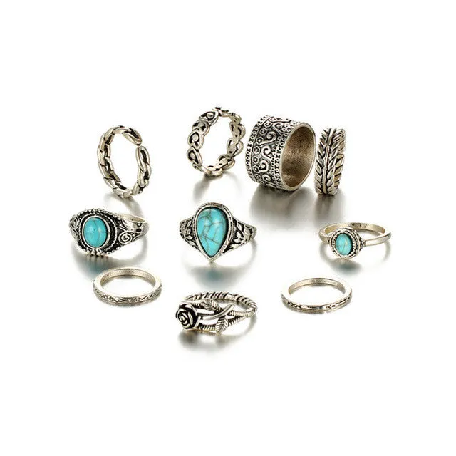 TIBETAN VINTAGE INSPIRED 10 PCS RING SET - SILVER