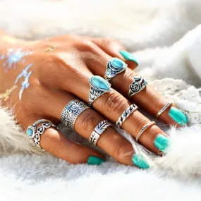 TIBETAN VINTAGE INSPIRED 10 PCS RING SET - SILVER