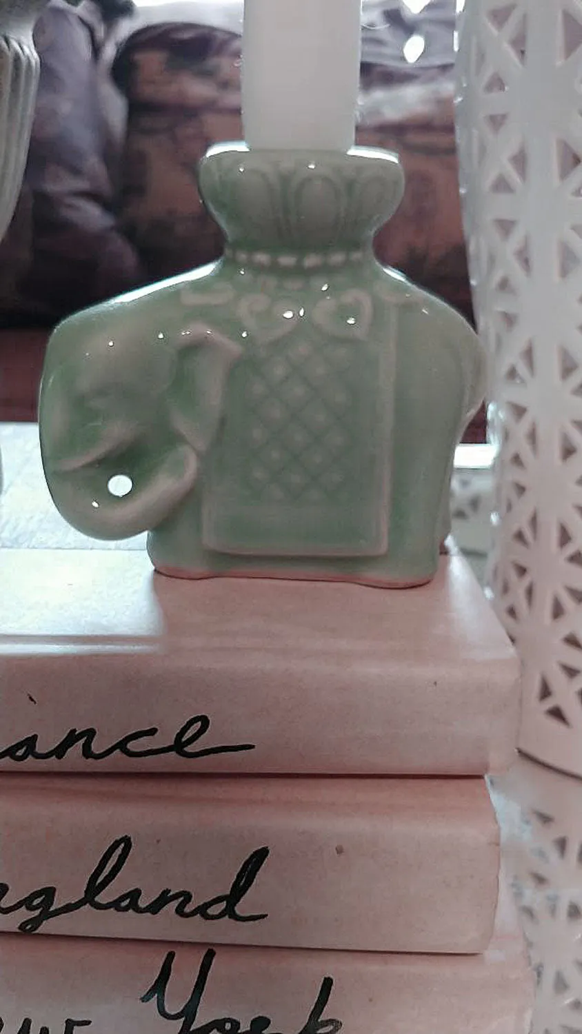 VINTAGE 1960s CHINESE CELADON GLAZED ELEPHANT CANDLE HOLDERS